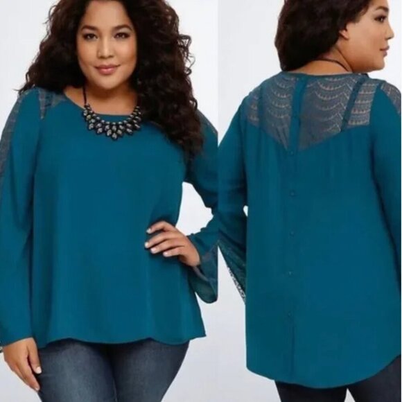 TORRID 2 Plus Size Lace Inset Georgette Blouse Solid Teal Blue Green Long Sleeve - Picture 1 of 16